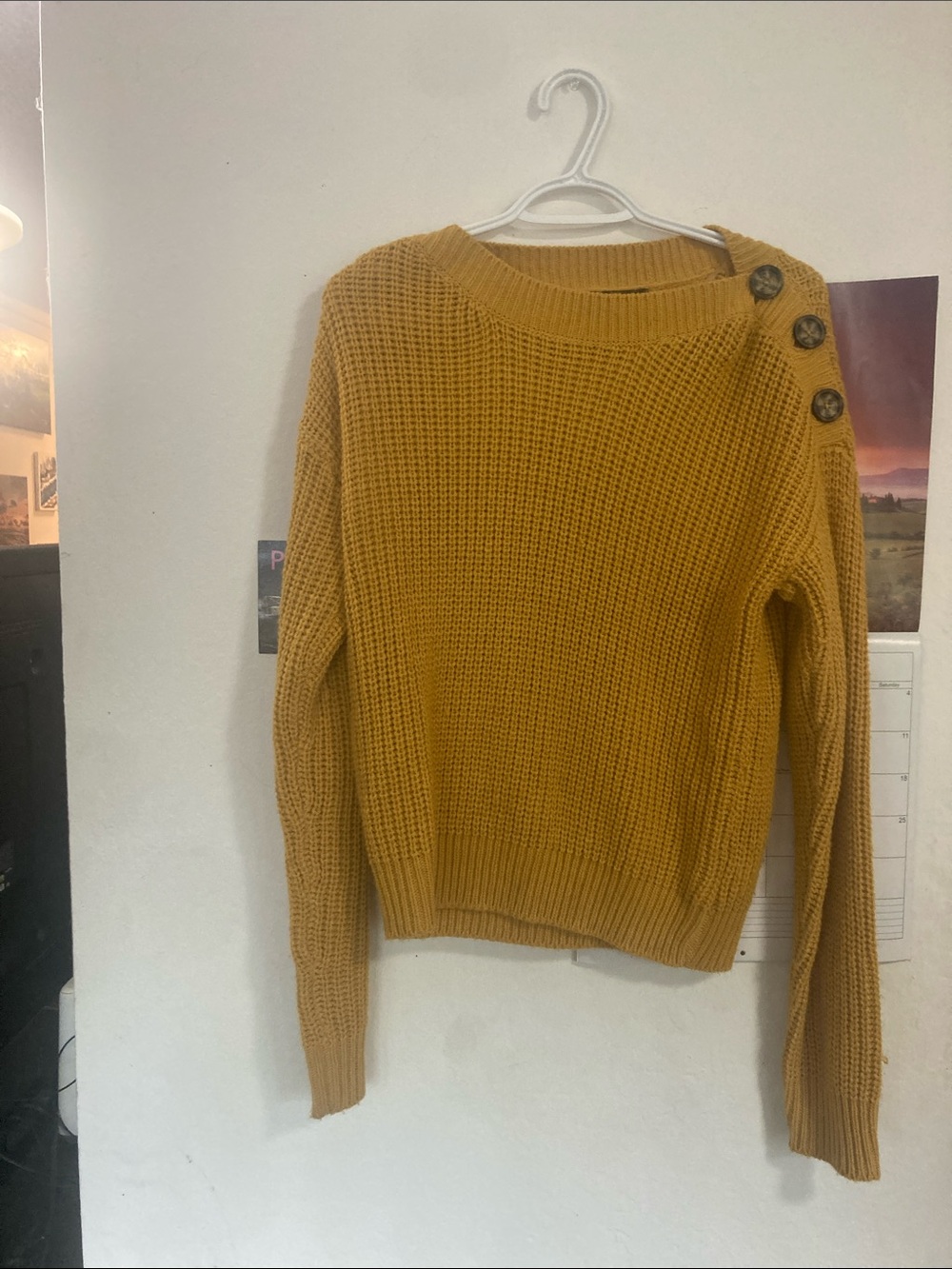 Derek Heart Mustard Button-Shoulder Crewneck Sweater